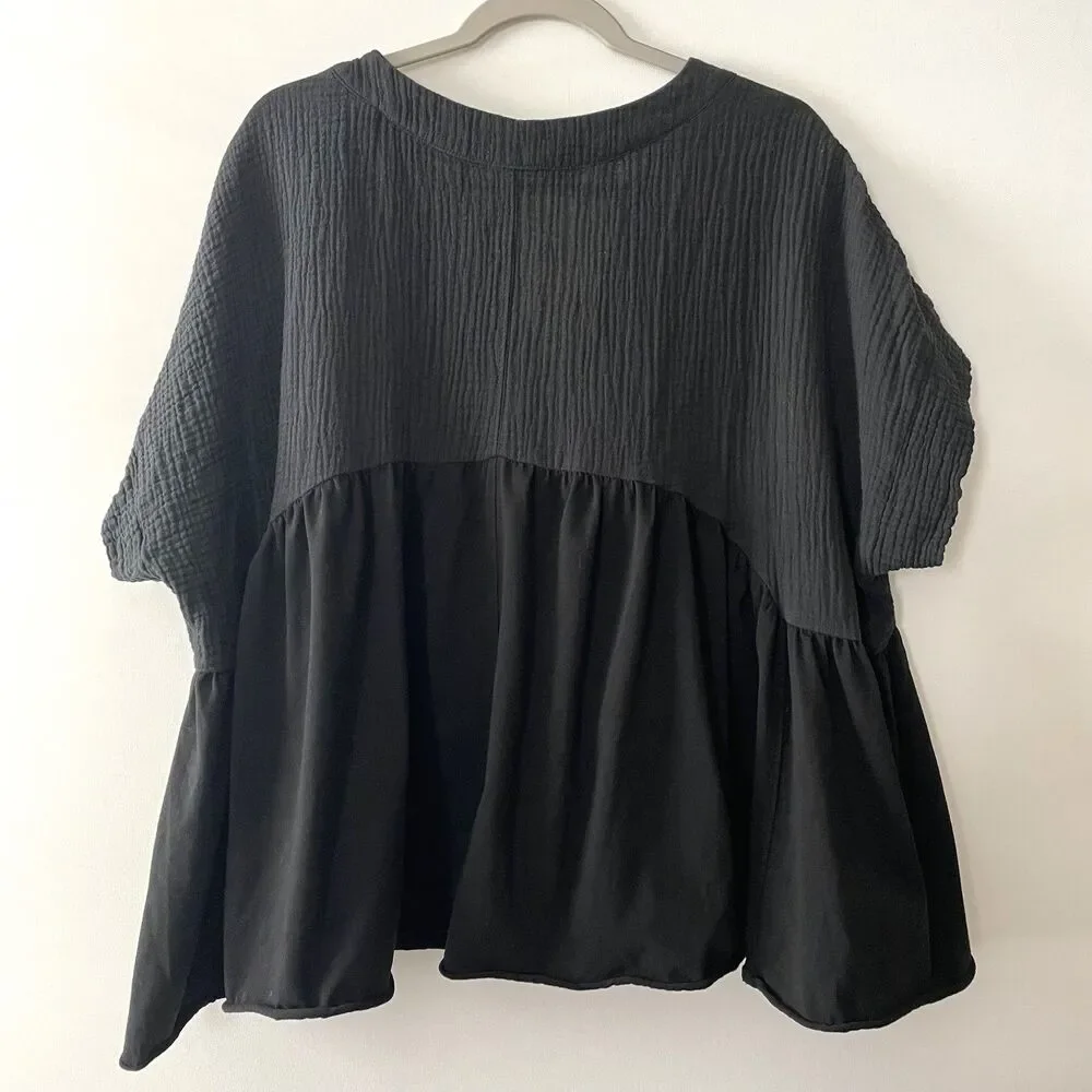 Womens Black Textured Gauze Peplum Blouse Short Sleeve Est Size XXL